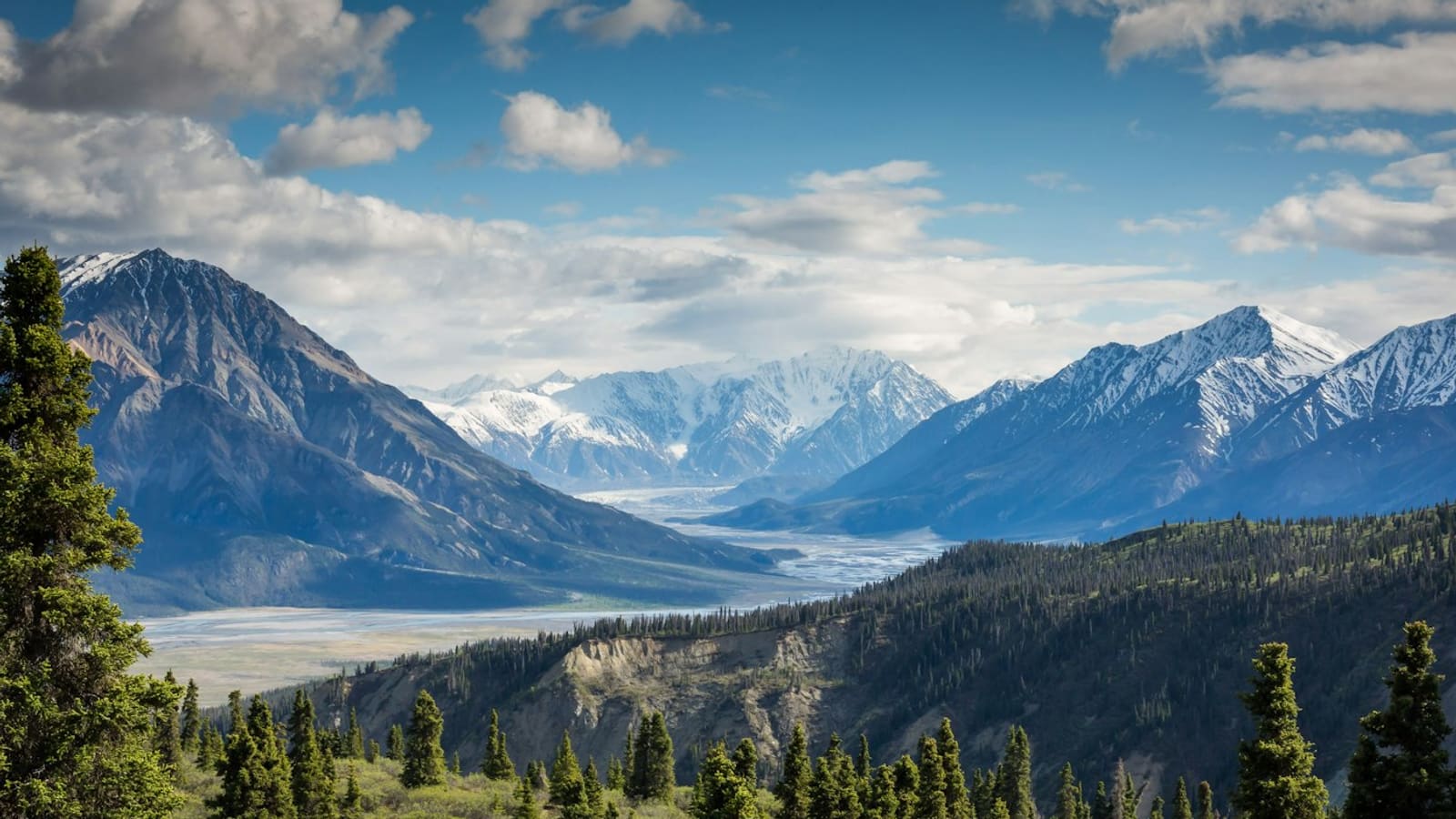 Wide mountain valley with a river, forest, and snowy summits under a bright sky