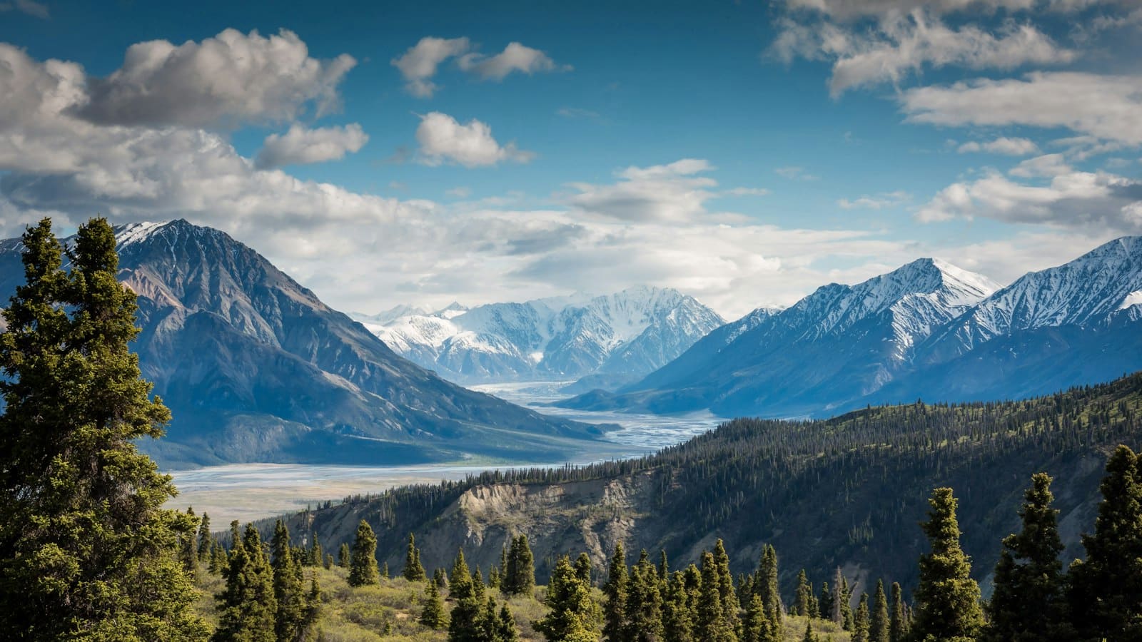 Broad glacial valley with a braided river, evergreen forest, and snow-capped peaks under towering clouds
