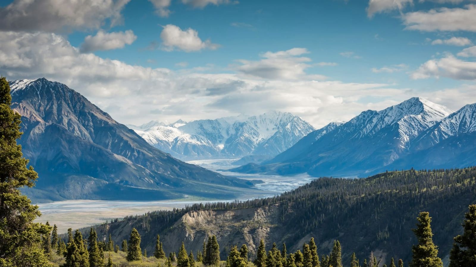 Wide mountain valley with a river, forest, and snowy summits under a bright sky