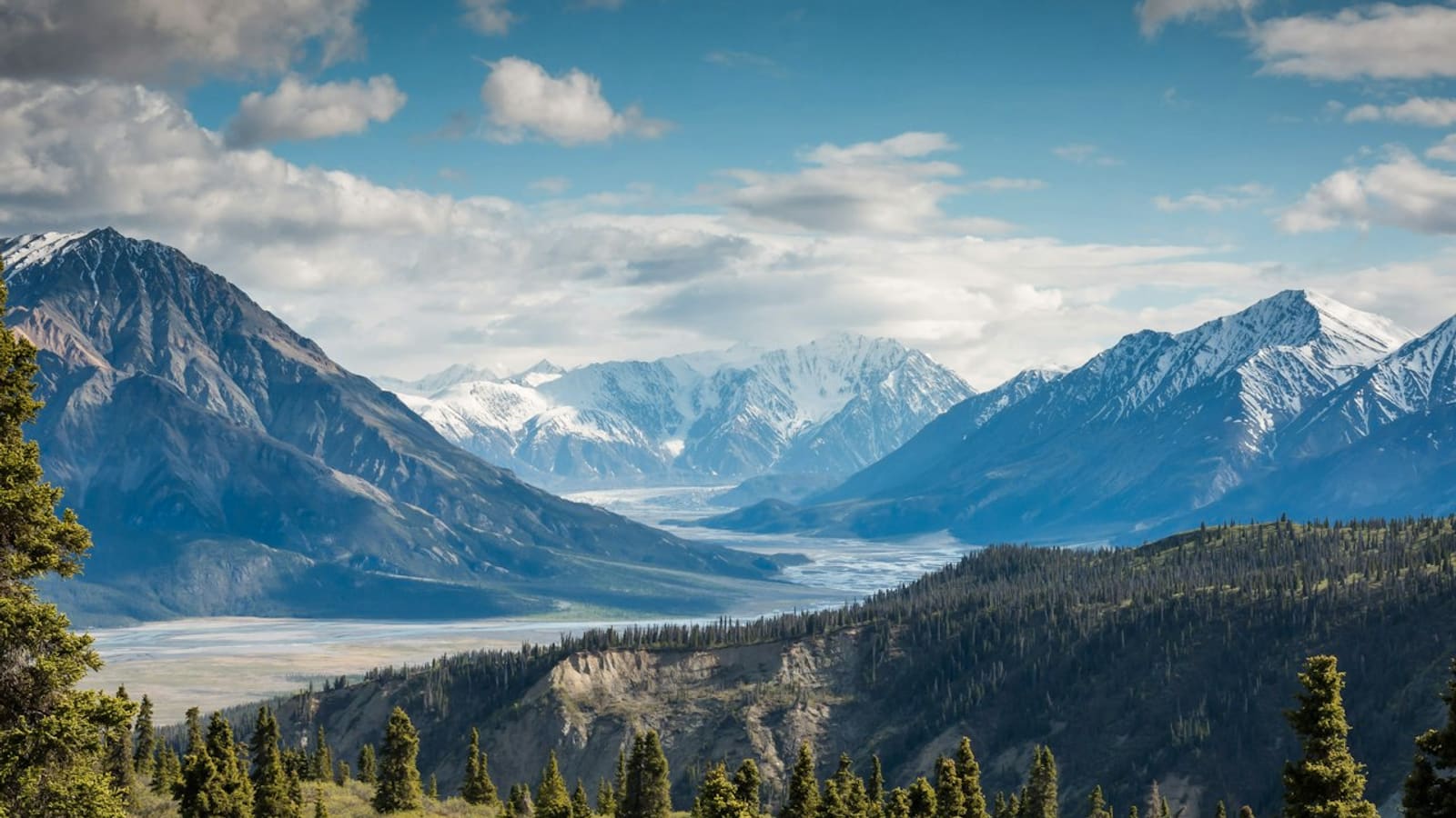 Broad glacial valley with a braided river, evergreen forest, and snow-capped peaks under towering clouds