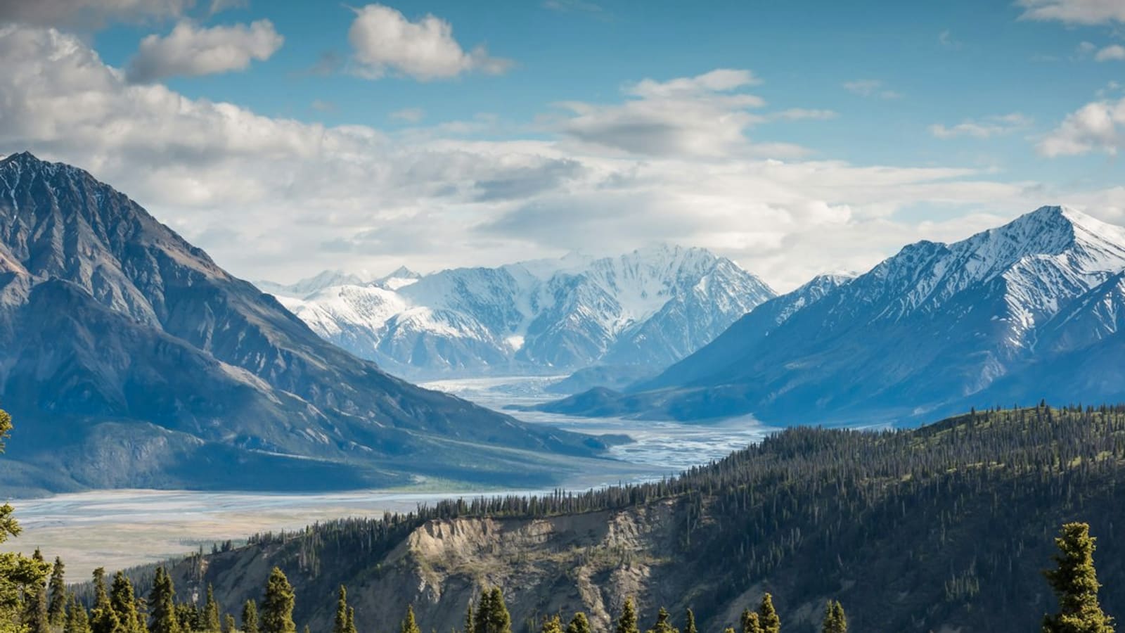 Broad glacial valley with a braided river, evergreen forest, and snow-capped peaks under towering clouds